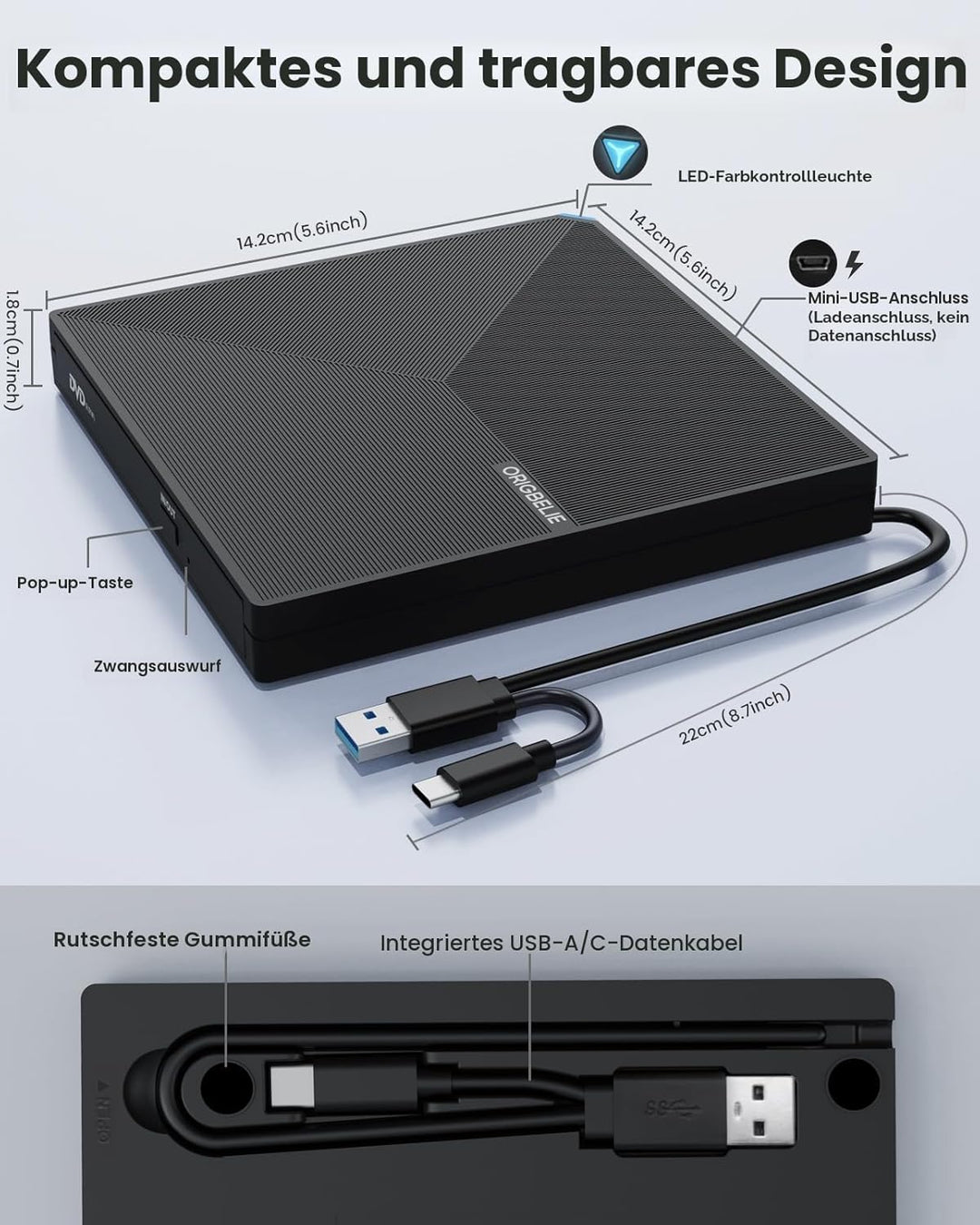 ORIGBELIE Externes DVD Laufwerk, USB 3.0 Typ C CD DVD +/-RW Externer DVD Brenner, Ultra-Slim Externe