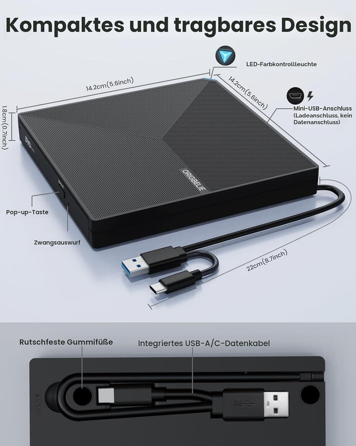 ORIGBELIE Externes DVD Laufwerk, USB 3.0 Typ C CD DVD +/-RW Externer DVD Brenner, Ultra-Slim Externe