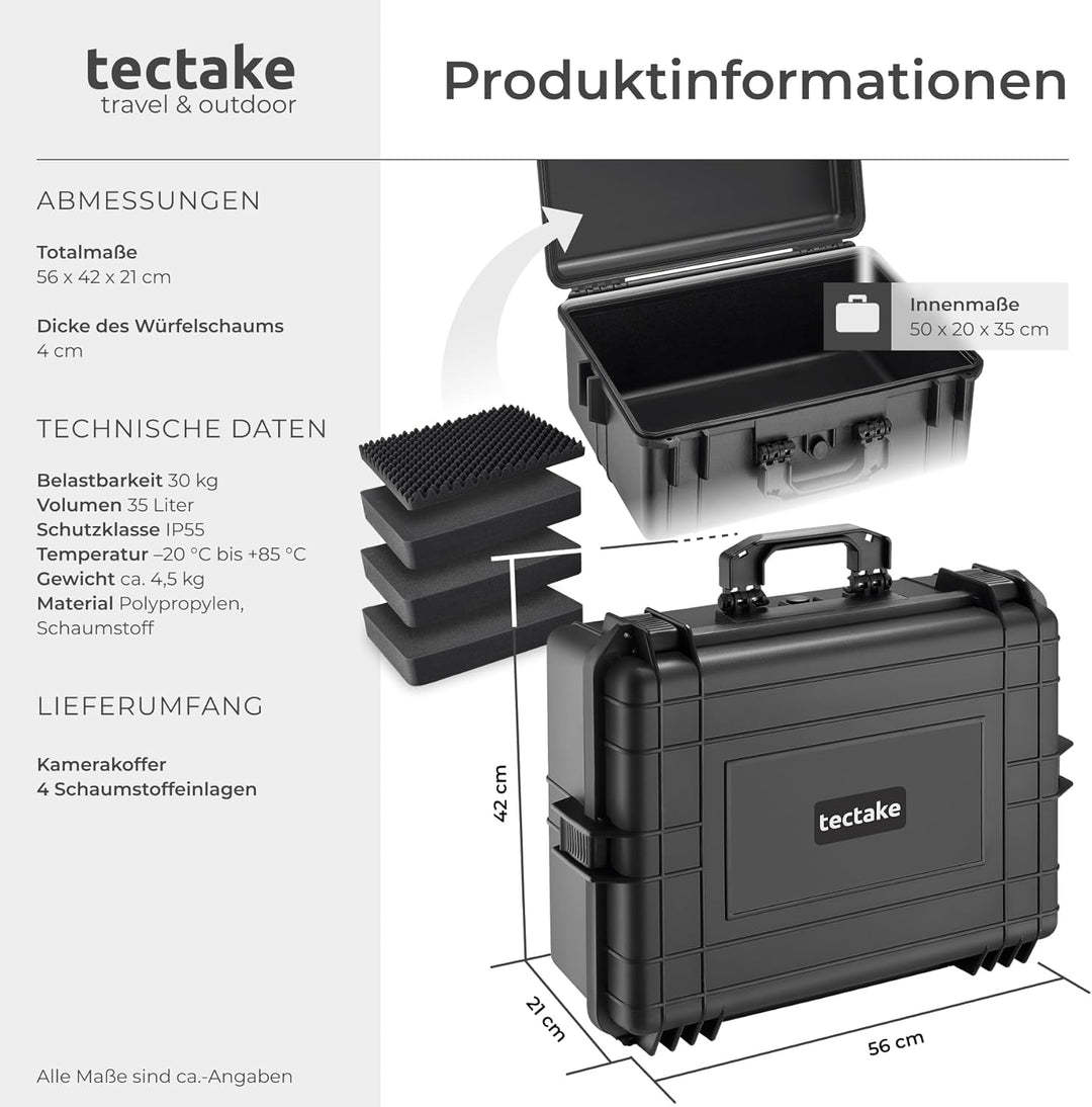 tectake® Kamerakoffer, Universalkoffer, Outdoor Box wasserdicht als Transportkoffer, Hardcase zur La
