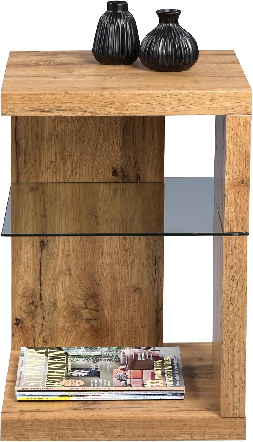 HomeTrends4You Domingo Beistelltisch/Nachttisch, MDF, Sicherheitsglas, Wildeiche,