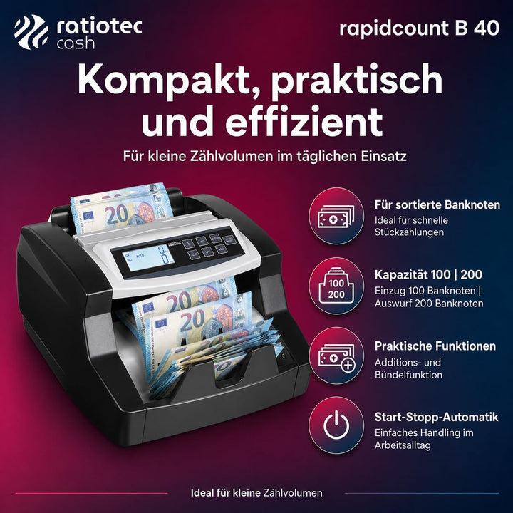 ratiotec 00046660 rapidcount B 40 Banknotenzählmaschine mit IR, UV und MG Prüfung
