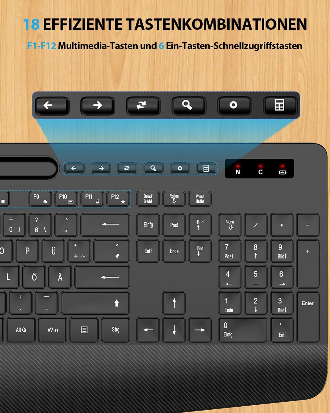 Tastatur Maus Set kabellos, Handballenauflage, Telefonhalter, Akku im Lieferumfang enthalten, 2.4G k