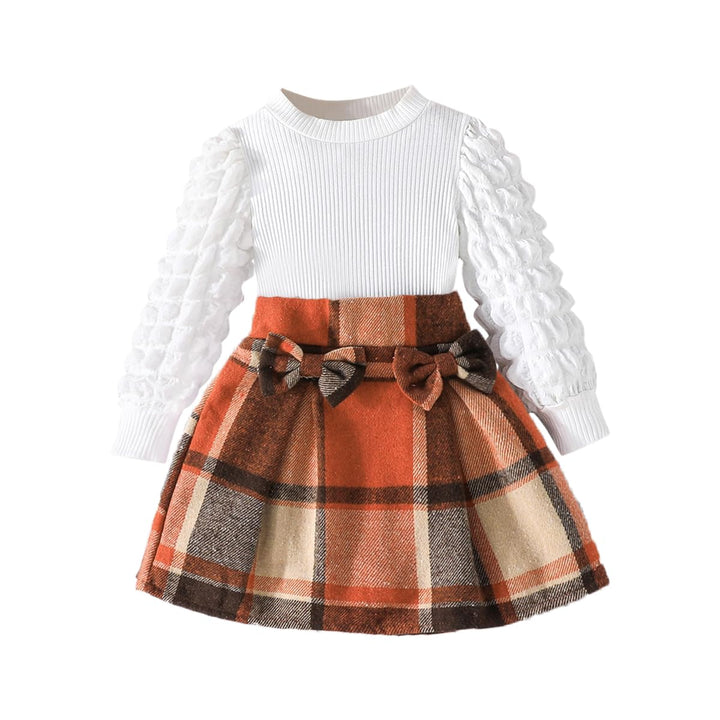 Eqenkely Kleinkind Mädchen Kleidung Puffärmel Langarm Gerippte Oberteile + Bowknot Plaid Mini Rock 2