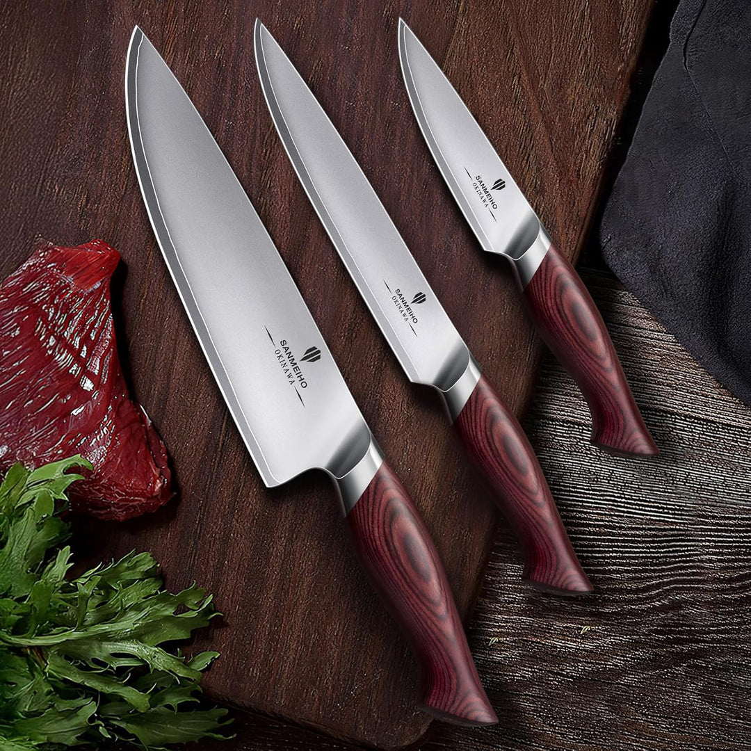 Messerset 3-teilig, Japanisches Küchenmesserset aus 10Cr15MoV Edelstahl, Scharfes Profi Kochmesserse