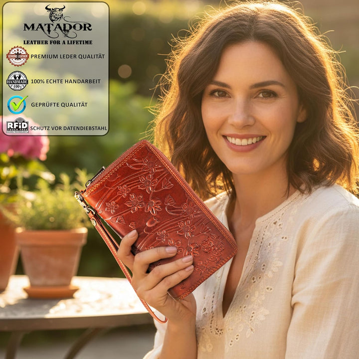 MATADOR Echt Leder Damen Lang-Geldbörse Clutch Portemonnaie TüV Geprüfter RFID Schutz Geldtasche Blu