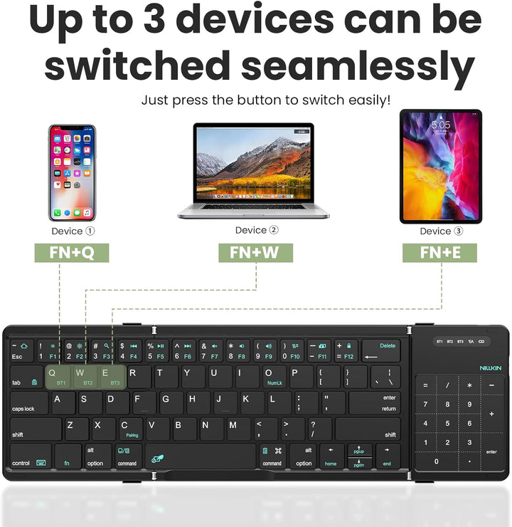 Nillkin Faltbare Bluetooth Tastatur mit Touchpad, kabellose Wiederaufladbare Klapptastatur mit Ziffe