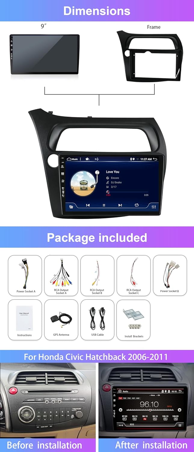 9 Zoll IPS 2 Din Android 12.0 Autoradio für Honda Civic Hatchback 2006–2011 GPS-Navigation Carplay B