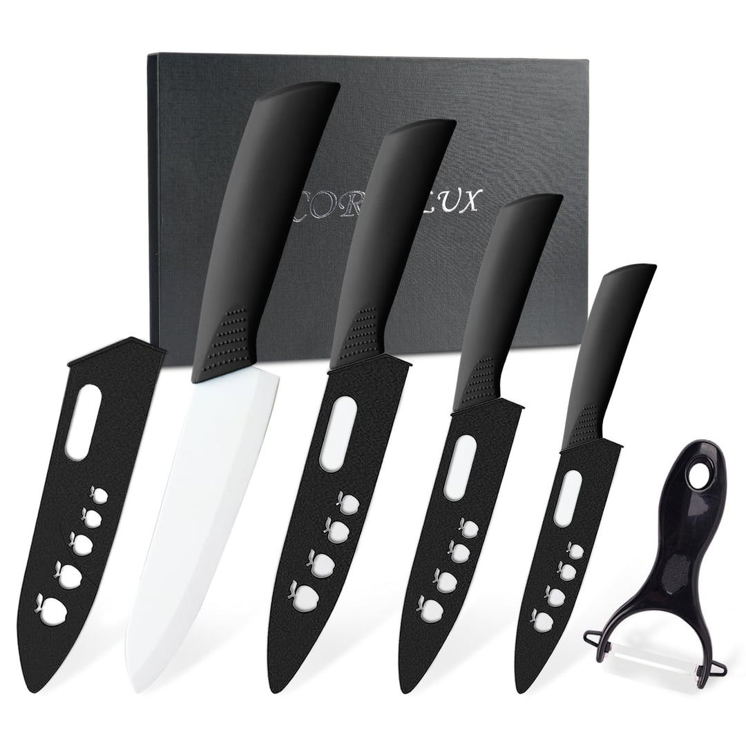 CORESLUX Keramikmesser Set, 4 Keramik Küchenmesser Set mit 1 Sparschäler, Antihaftbeschichtet, Schar