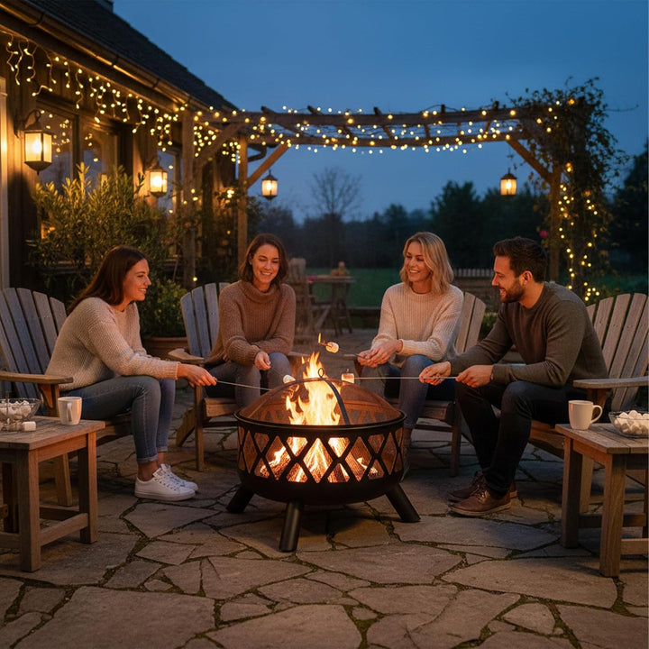 Relaxdays Feuerschale mit Funkenschutz, Ø 62 cm, mit Schürhaken, Garten, Terrasse, Outdoor Feuerstel