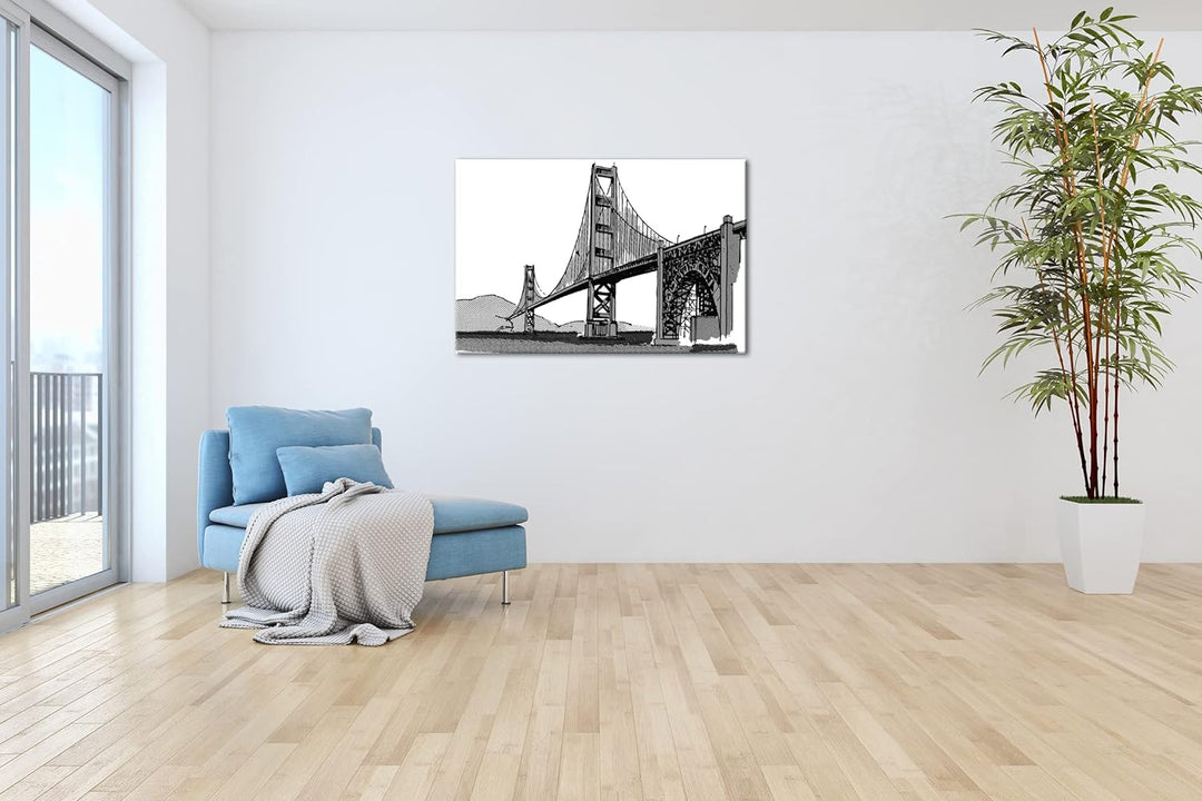 deyoli Illustrierte Fluss-Brücke Format: 80x60 als Leinwand, Effekt: Schwarz&Weiss, Motiv fertig ger