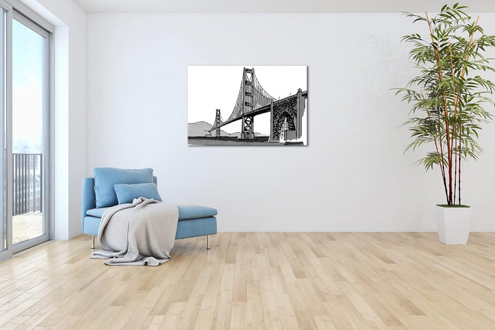 deyoli Illustrierte Fluss-Brücke Format: 80x60 als Leinwand, Effekt: Schwarz&Weiss, Motiv fertig ger