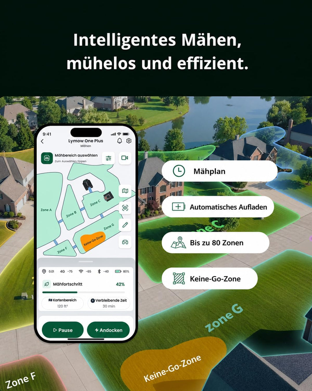 Lymow One Plus Mähroboter ohne Begrenzungskabel für 7000 m², KI-Hindernisvermeidung, 45° Steigung, S