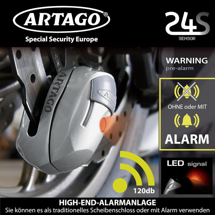 Artago 24S.6M Motorrad Bremsscheibenschloss mit Alarm 120 dB Warnung Smart, ø 6 mm