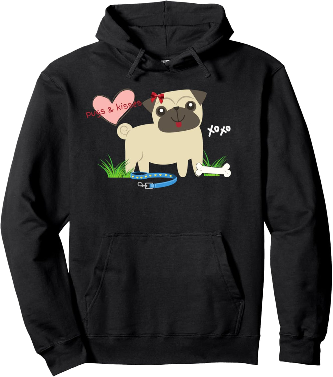 Netter Möpse u. Kuss-Hund mit Knochen-, Blei- und Herzdesign Pullover Hoodie