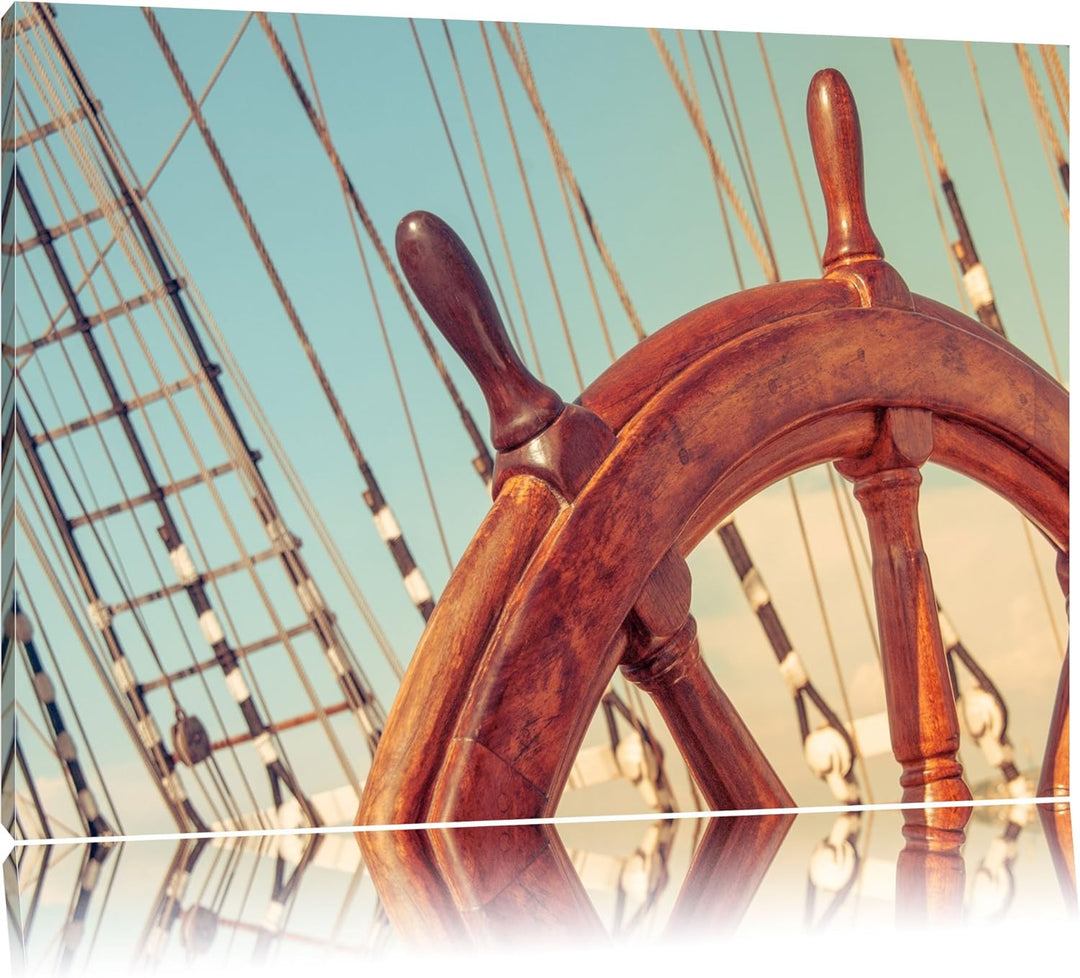 Pixxprint Steuerrad auf dem Schiff 100x70cm Leinwandbild Wandbild Kunstdruck, 100x70