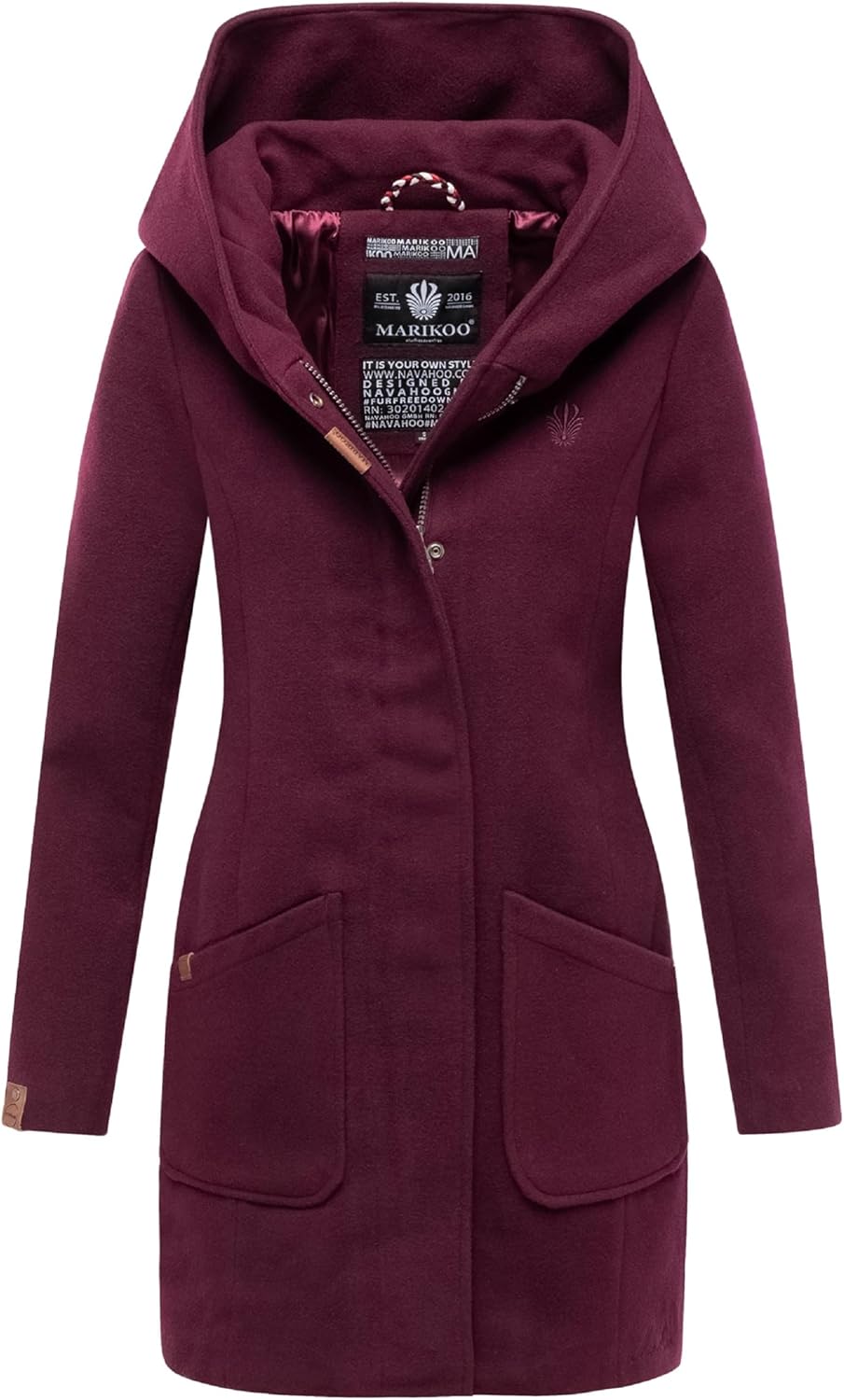 MARIKOO Damen Mantel in Wollmantel-Optik Warmer Trenchcoat mit Kapuze Maikoo XS-5XL L Wine, L Wine