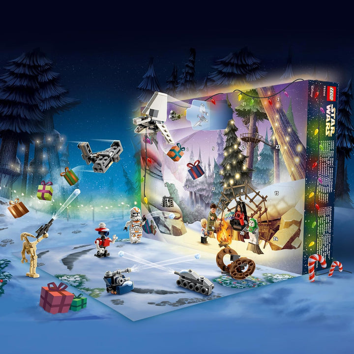 LEGO 75366 Star Wars Adventskalender 2023, Weihnachtskalender mit 24 Geschenken, darunter 9 Figuren,