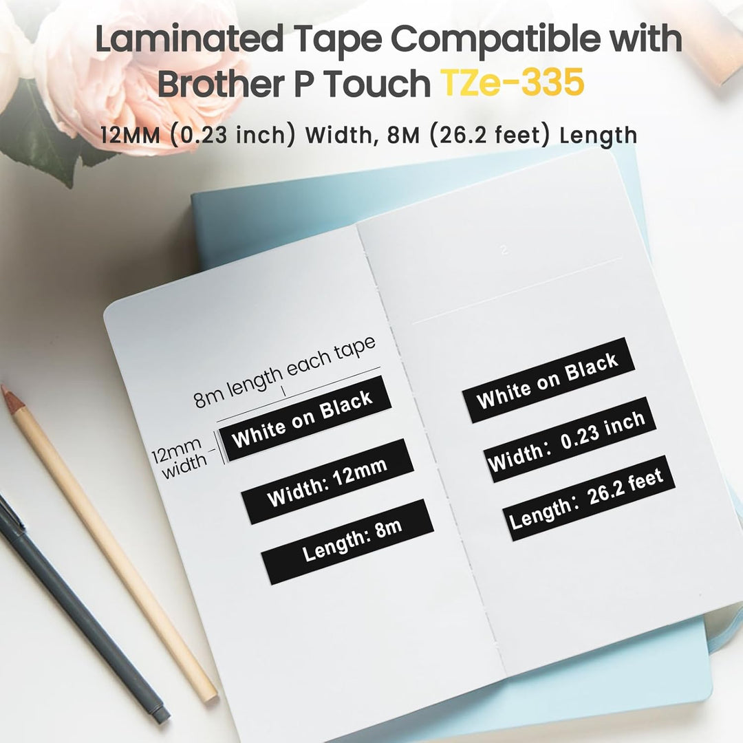 Markurlife TZe 335 TZe-335 Kompatibel mit Brother P touch Bänder Weiss auf Schwarz TZe TZ Tape 12mm
