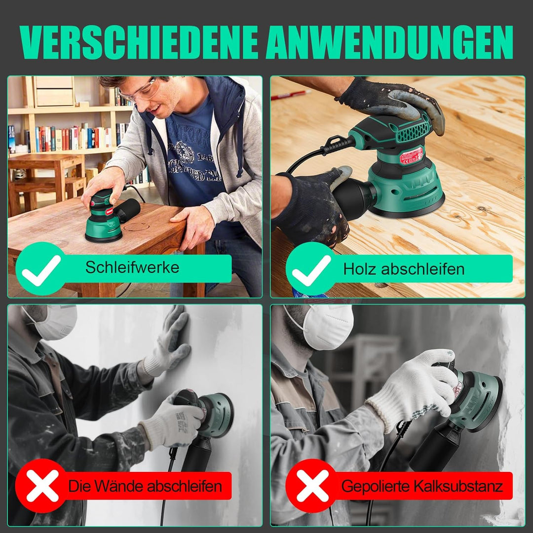 SORAKO Exzenterschleifer 350W 125MM - 6 Geschwindigkeiten,16 Schleifpapiere inklusive, mit Staubsamm