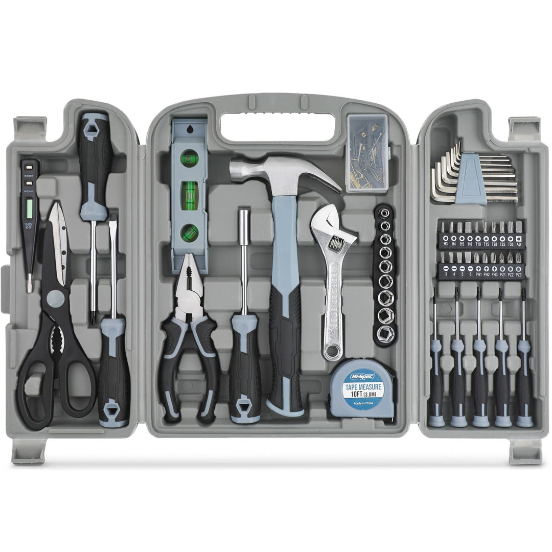 Hi-Spec 54-TLG. Werkzeugkasten-Set in Grau, gefüllt mit Werkzeugen für Haushalt und Garage. Werkzeug