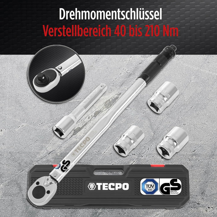 TECPO Drehmomentschlüssel Satz 1/2 Zoll Werkzeug 470mm lang 40-210 Nm 3x Steckschlüssel Nüsse 17mm 1