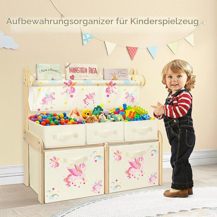 Kinderregal, Spielzeugregal, Bücherregal Kinder mit 5 Aufbewahrungsboxen 1 Hängefächern,3 Ebenen Kin