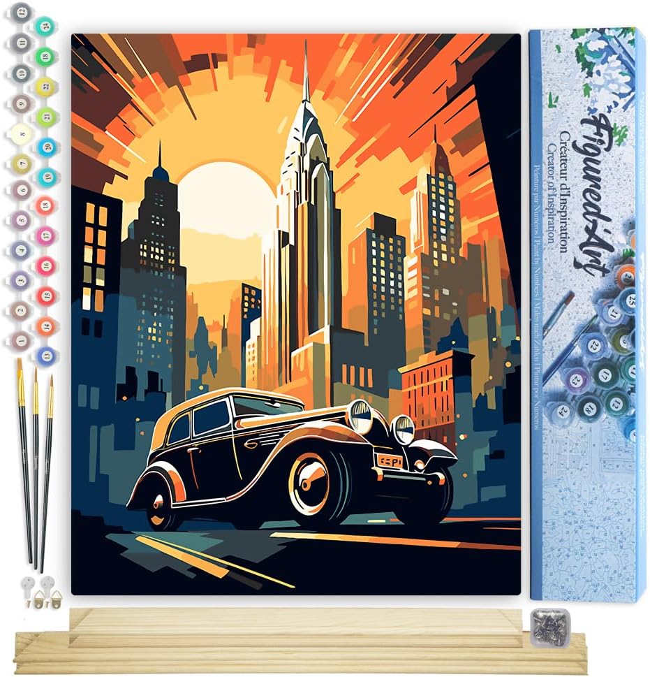 Figured'Art Malen Nach Zahlen Erwachsene Mit Rahmen Art-Deco-Auto in New York - Paint by Numbers Bas