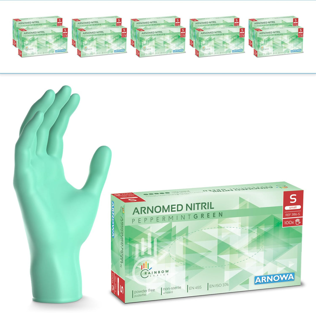 1000 Stk (10x100) ARNOMED Einweghandschuhe Grün, Einmalhandschuhe S, Nitril Handschuhe Einweg, Nitri