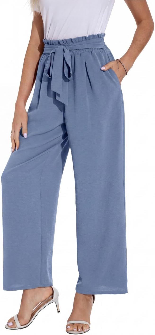 PrinStory Damen Hose Mit Weitem Bein Leichte Elastische Taille Sommer Hose Mit Taschen Kausale Arbei