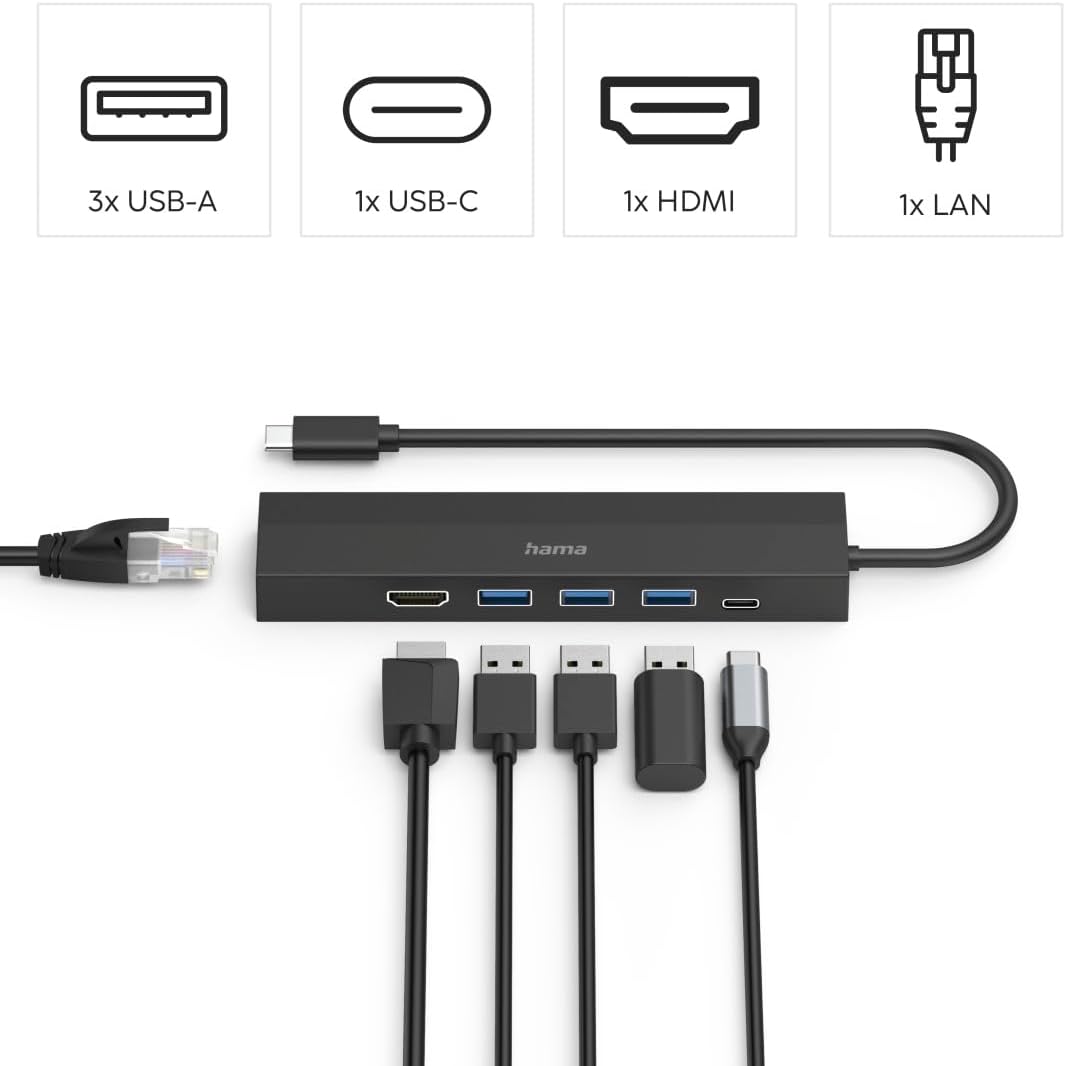 Hama USB-Hub 6 Ports (3X USB-A, USB-C, HDMI, LAN, Ethernet, für Maus, Tastatur, Monitor, Netzwerk et