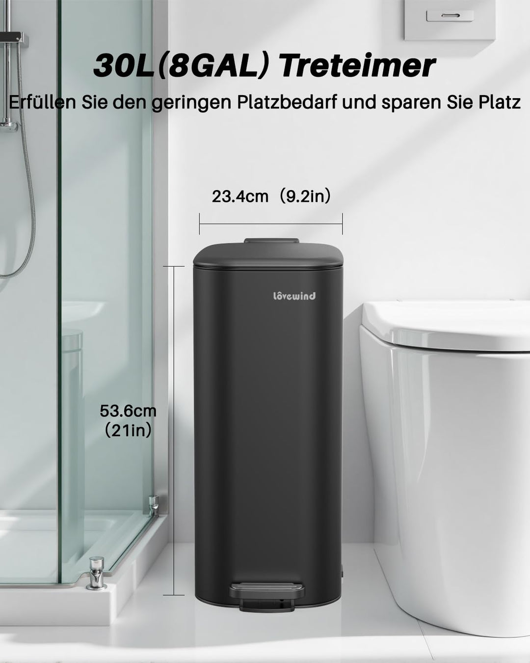 lovewind Mülleimer 30L mit Fusspedal, Schmaler Abfalleimer, Leise Schliessender Deckel, Entnehmbarer