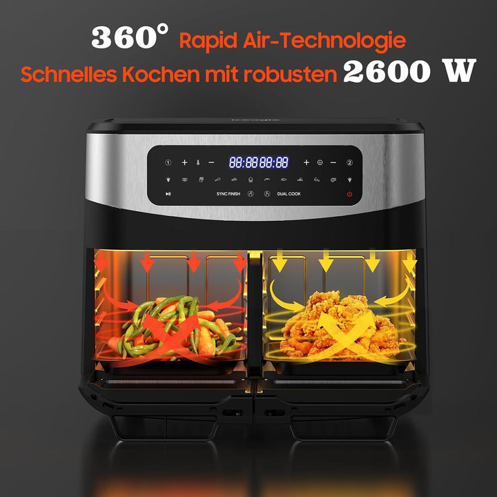 Airfryer Dual Zone 12L - 2600W Heissluftfritteuse mit herausnehmbarem Trenner, XXL Heissluftfritteus