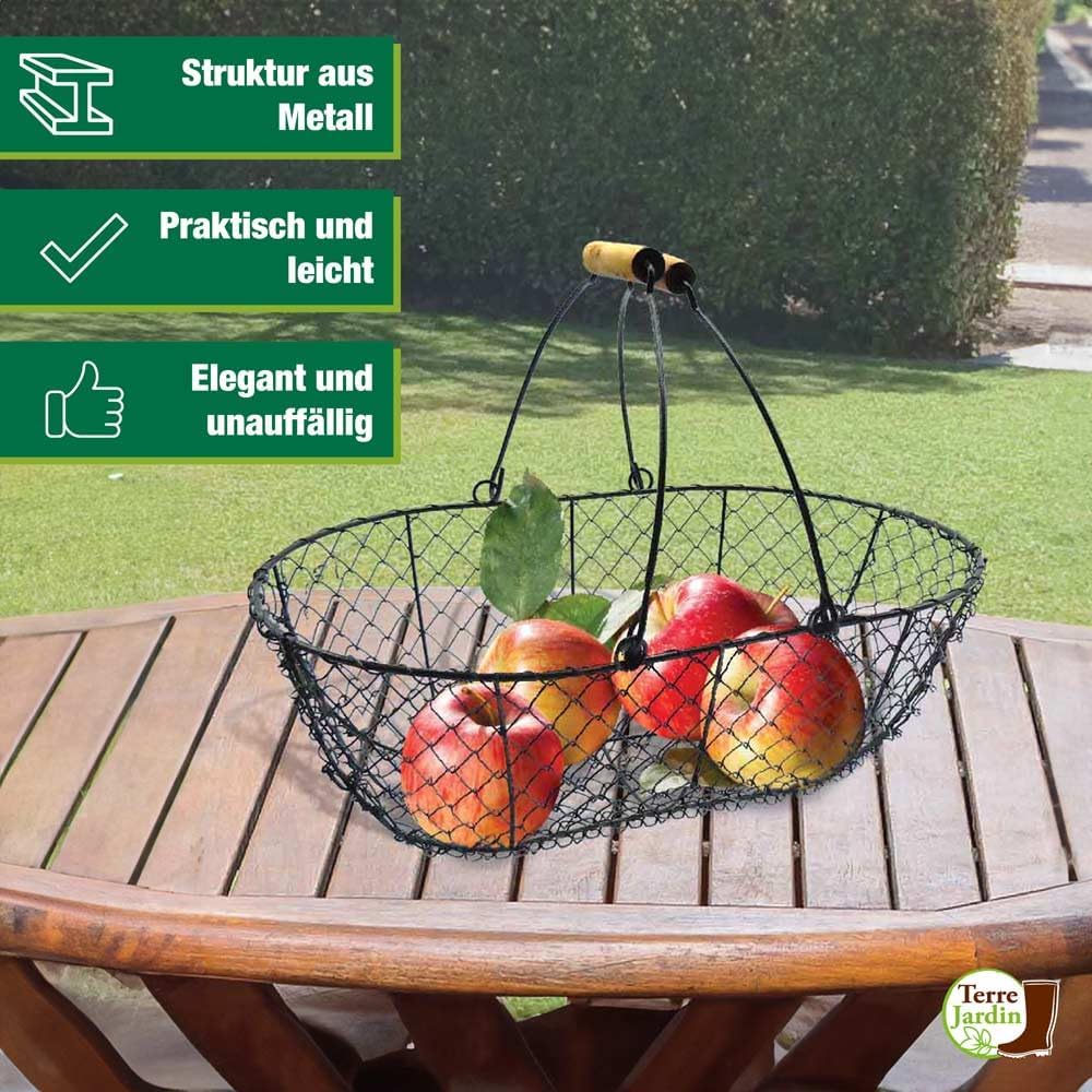 TERRE JARDIN - Erntekorb aus schwarzem Metall mit Holzgriffen, 8 l