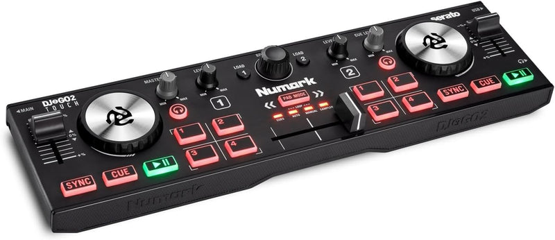 Numark DJ2GO2 Touch – Mini DJ Controller für unterwegs - 2-Deck USB DJ Pult mit Audio Interface und