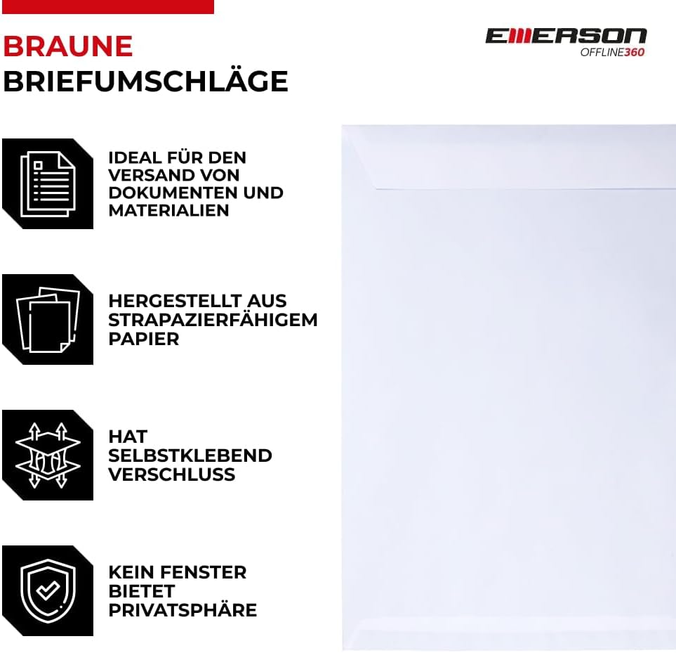 Emerson 250x Versandtasche Weiss DIN C4 229 x 324 mm 90g grosser Briefumschlag a4 ohne Fenster haftk