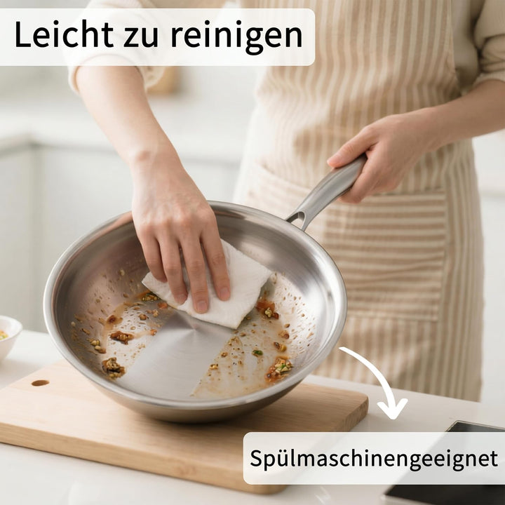 Edelstahl Pfanne,unbeschichtet, Pfanne Induktion, langlebig,3-Schicht Komplett Ungiftig, für alle He