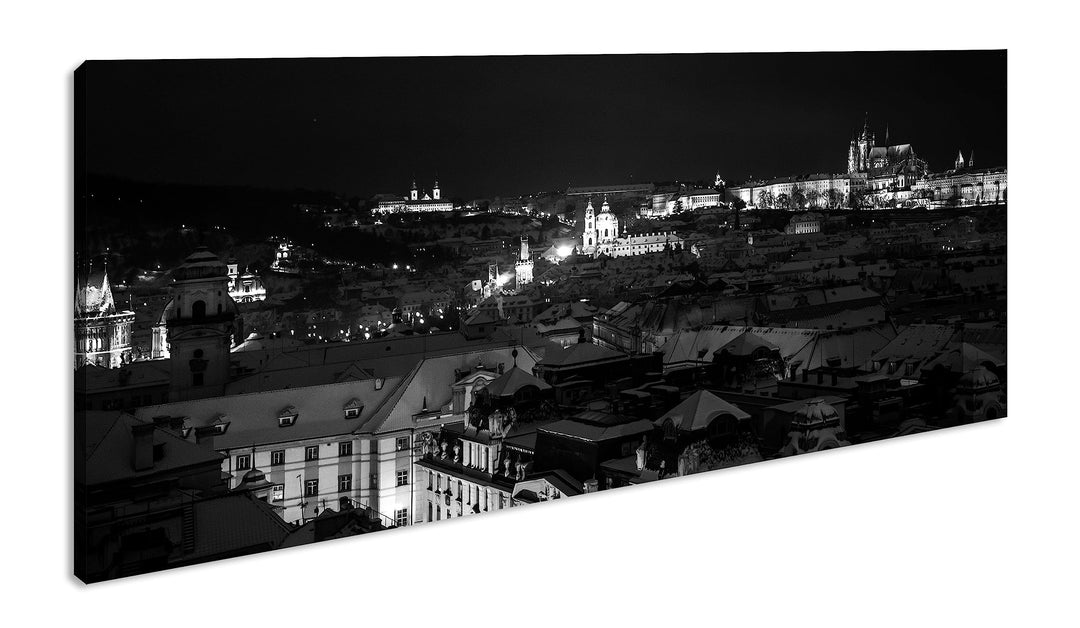 Prag bei Nacht Panorama 100x50 cm Effekt: Schwarz/Weiss als Leinwandbild, Motiv fertig gerahmt auf E