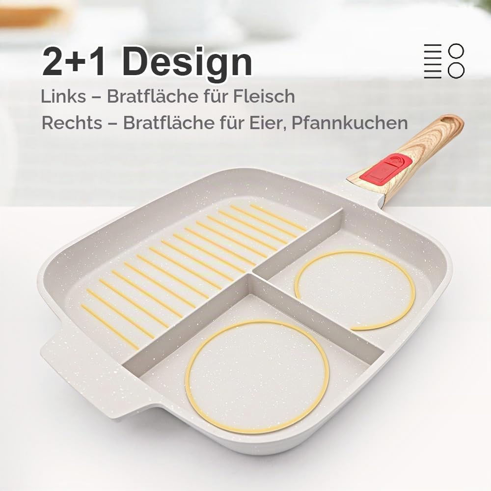 Bobikuke Multi Grillpfanne mit Deckel und Abnehmbarer Griff, Steakpfanne Induktion 3 in 1 - Weiss We