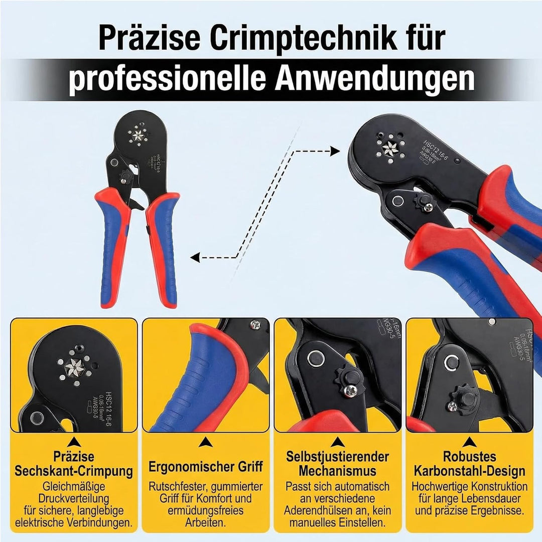 Crimpzangen-Set, Aderendhülsenzange 0,08–16 mm², Crimpzange Selbsteinstellend mit 1500 Aderendhülsen