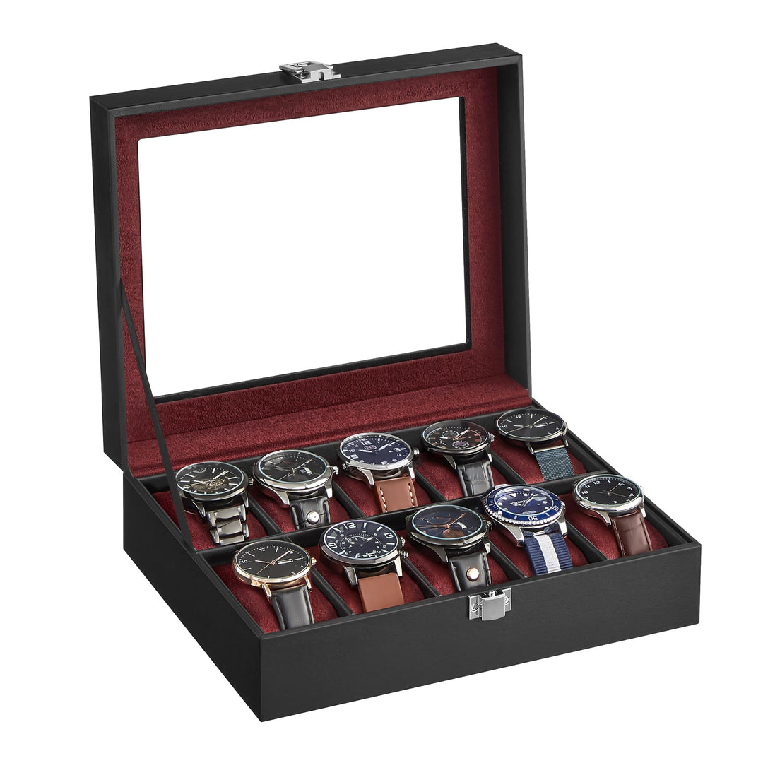SONGMICS Uhrenbox mit 10 Fächern, Uhrenkasten, Glasdeckel, Uhrenkoffer, herausnehmbare Uhrenkissen,