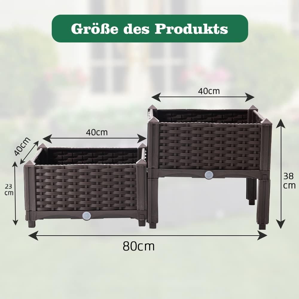 Mingone 2er Set Blumenkasten Rattan Optik Blumentopf aus Kunststoff Blumenkasten Balkonkasten mit Wa