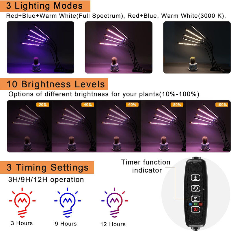 Aogled Pflanzenlampe LED 50W,5 Kopf Pflanzenlicht Vollspektrum,150 LED Grow Light mit Clip,Timing 3/