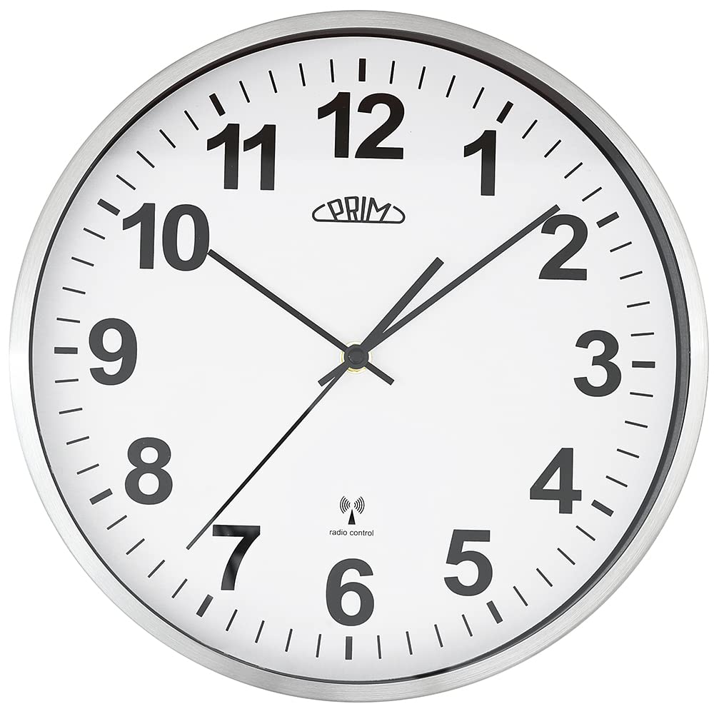 PRIM Design Radio Control Funk Wanduhr, Weiss/Silber, funkgesteuert aus Metall, Funkwanduhr Modern,