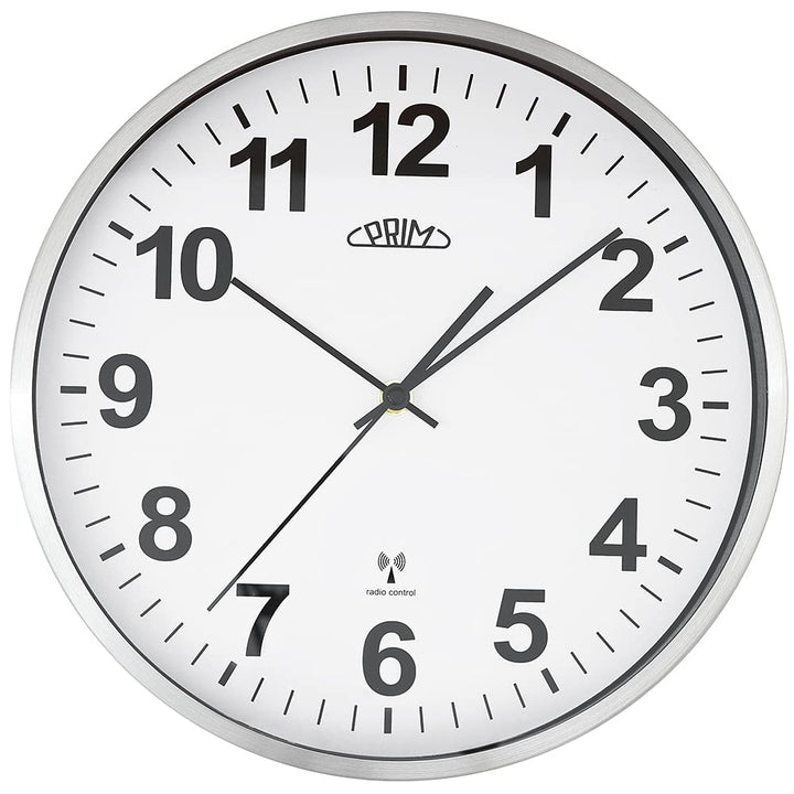 PRIM Design Radio Control Funk Wanduhr, Weiss/Silber, funkgesteuert aus Metall, Funkwanduhr Modern,