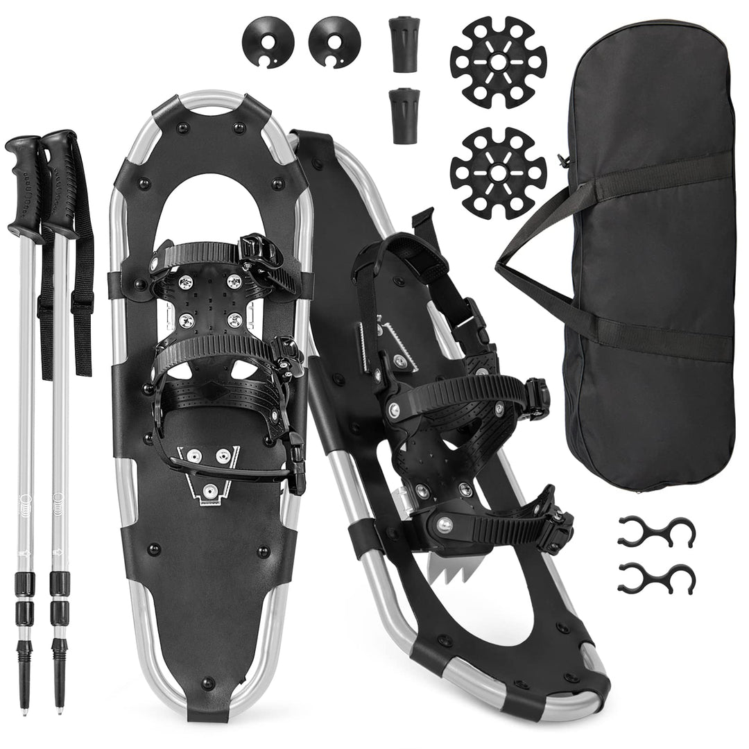 GYMAX leichte Alu Schneeschuhe, Geländeschneeschuh Set mit verstellbar Trekkingstöcke & Tragetasche,