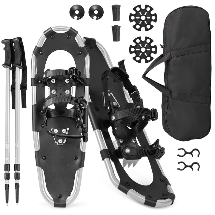 GYMAX leichte Alu Schneeschuhe, Geländeschneeschuh Set mit verstellbar Trekkingstöcke & Tragetasche,