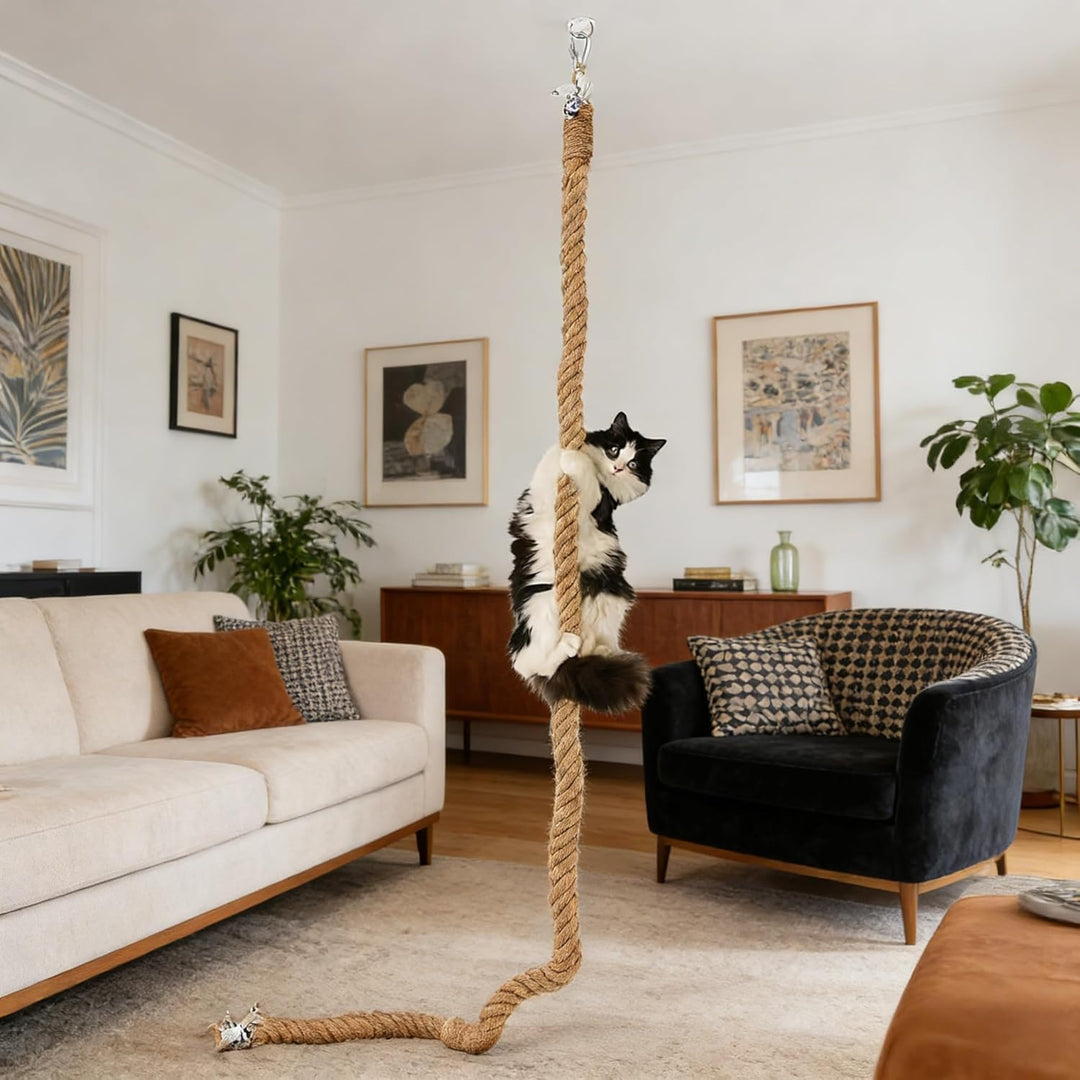 Premium Katzen-Kletterseil aus Jute | 2,05 m Länge & 4 cm Durchmesser | Deckenmontage mit Haken für