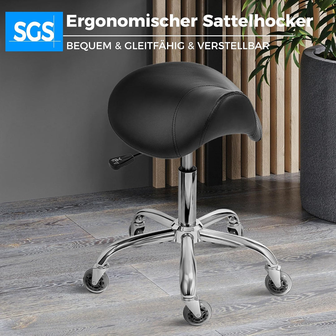 BEWISHOME Sattelhocker mit Rollen,Schwenkbarer,Verstellbarer Rollhocker, strapazierfähiges PU-Leder