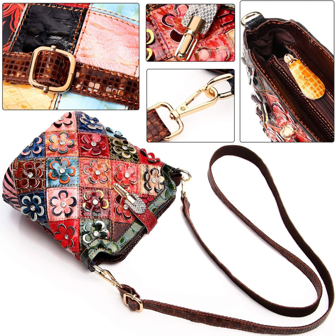 Segater® Mehrfarbig Floral Rind Leder-Umhängetasche für Damen, Vintage Rindsleder Handtasche Blumenm