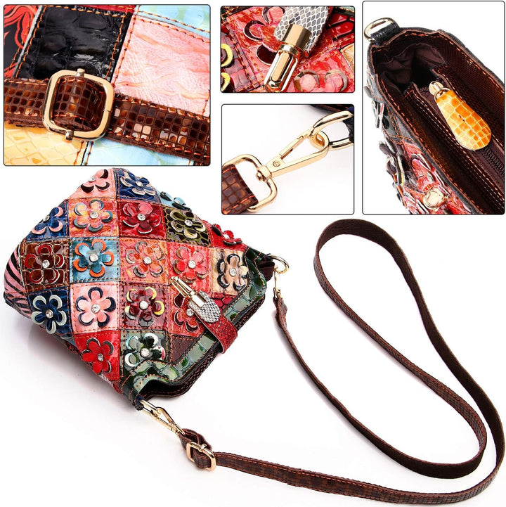 Segater® Mehrfarbig Floral Rind Leder-Umhängetasche für Damen, Vintage Rindsleder Handtasche Blumenm